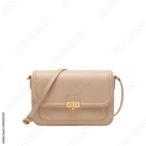 A beige leather shoulder bag on a white background from front view