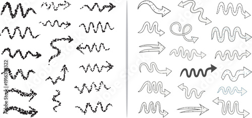 A collection of playful, wavy, and zigzagging vector arrows. Featuring various textures like charcoal, stipple, and clean outlines, these squiggly pointers add a hand-drawn, energetic feel to any desi
