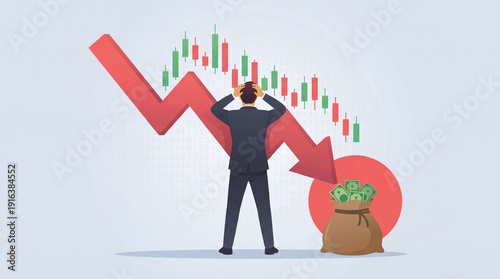 Businessman Holding Head with Falling Stock Market Arrow Representing Financial Crisis, Economic Recession and Investment Loss in Trading and Global Economy Analysis, Business Flat Illustration
