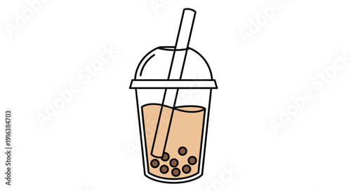 Bubble Tea Drink with Tapioca Pearls and Straw in a Clear Plastic Cup