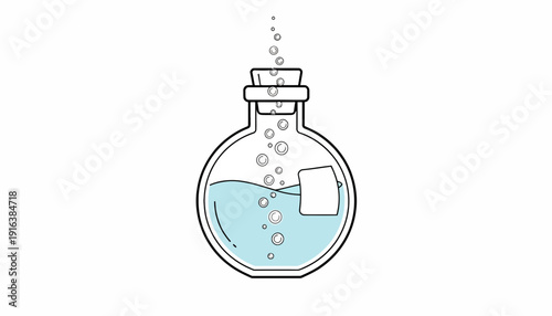 Bubbling Potion Bottle with Cork and Ice Cube, Science and Alchemy Concept