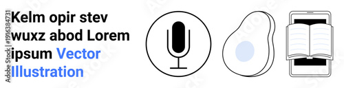 Communication, technology integration, online learning, health awareness, digital media, and nutrition. Black microphone, avocado and smartphone with an open book. Communication and technology