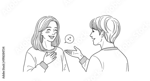 Two women exchanging cookies and smiling in line art