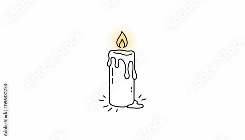 Burning Candle with Dripping Wax and Glowing Flame on White Background