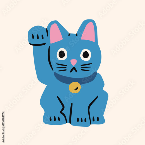 Blue Maneki Neko cat. Traditional asian souvenir. Talisman, amulet, good luck symbol, fortune, success, prosperity concept. Hand drawn Vector illustration. Isolated design element