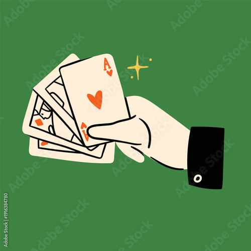 Hand in white glove holding playing cards. Casino, poker, tool for magic tricks, professional illusionist equipment concept. Hand drawn trendy Vector illustration. Isolated design element 