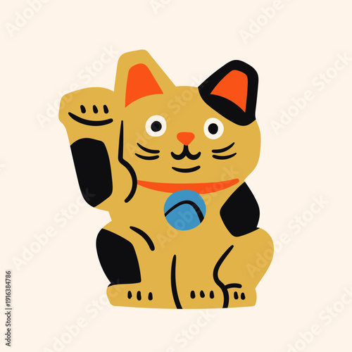 Golden Maneki Neko cat. Traditional asian souvenir. Talisman, amulet, good luck symbol, fortune, success, prosperity concept. Hand drawn Vector illustration. Isolated design element