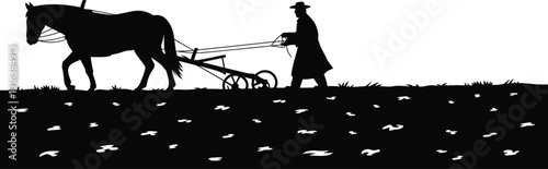 Farmer plowing field with horse silhouette, traditional agriculture landscape and rural farming scene vector icon for vintage organic farm design,