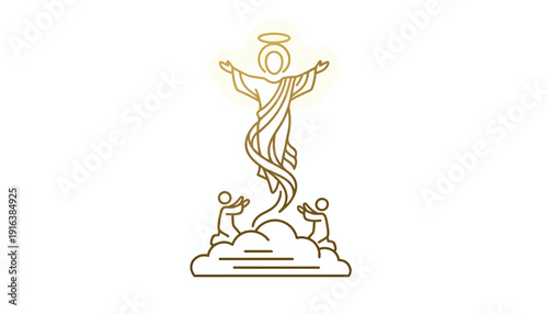 Ascension of Jesus Christ with Disciples on Clouds, Religious Line Art Icon