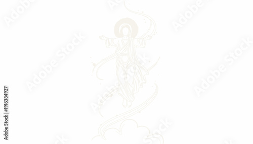Ascension of Divine Being, Angelic Figure in White, Heavenly Light, Spiritual Symbol