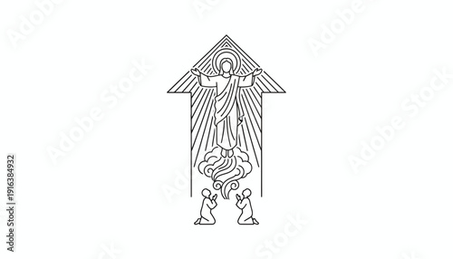 Ascension of Jesus Christ with praying disciples, divine light, religious symbol, vector art