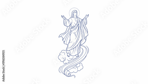 Ascension of Jesus Christ, divine figure rising to heaven above clouds, religious illustration