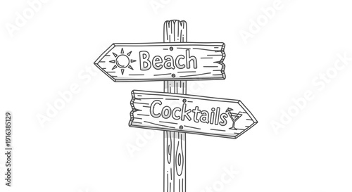 Beach and Cocktails Signpost: Summer Vacation Directional Arrow