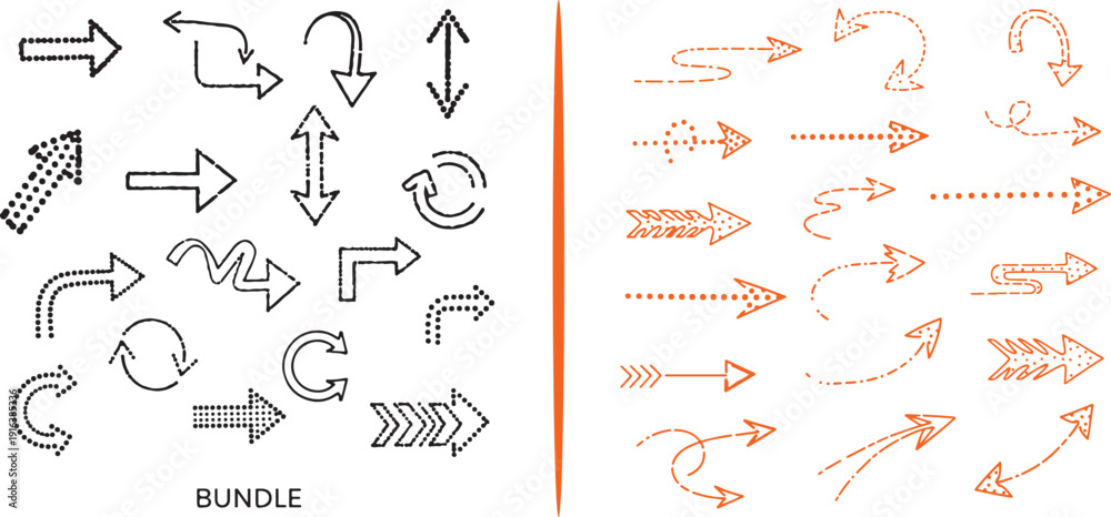 Obraz premium A diverse bundle of black outline and orange hand-drawn arrows. Features straight, curved, dashed, and circular directional symbols for navigation, diagrams, and creative design layouts.