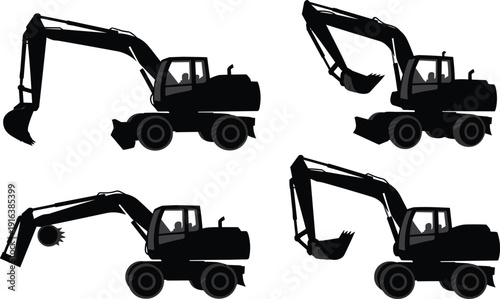Heavy construction excavator silhouettes set, industrial machinery icons for earthmoving, digging, and building site development design