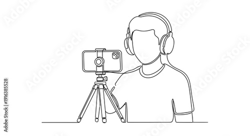 Vlogger with Headphones Recording Video on Smartphone with Tripod