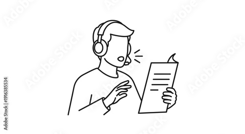 Voice Actor Reading Script with Microphone and Headphones