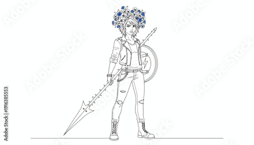 Warrior Woman with Flower Crown, Spear, and Shield - Fantasy Art