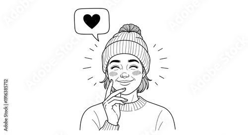 Young woman making finger heart gesture in line art