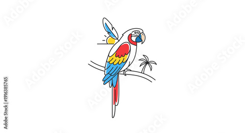 Vibrant Macaw Parrot Perched on Branch with Tropical Sunset and Palm Tree