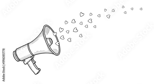 Megaphone with hearts flying out in line art style