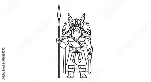 Viking Warrior with Ravens and Spear, Norse Mythology Icon