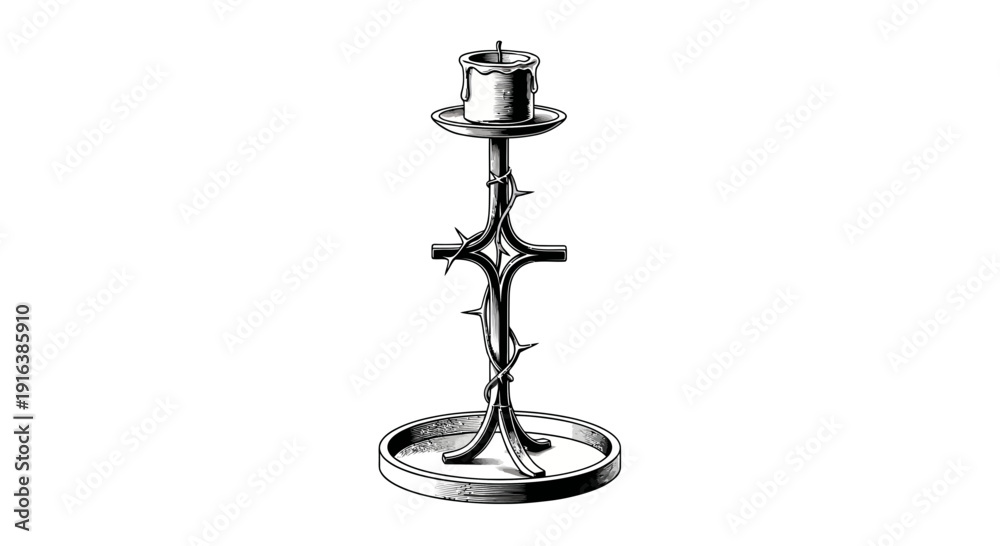 Naklejka premium Vintage Candlestick with Burning Candle, Antique Decorative Object, Black and White Illustration
