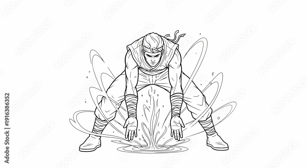 Obraz premium Ninja Warrior Performing Elemental Water Magic, Dynamic Action Pose, Black and White Line Art