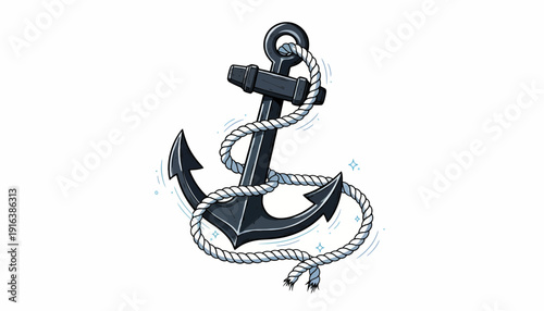 Nautical Anchor with Rope, Maritime Symbol, Vintage Marine Equipment, Vector Illustration