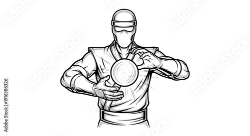Ninja Warrior Holding Mystical Orb, Martial Arts Master, Fantasy Warrior, Black and White Illustration