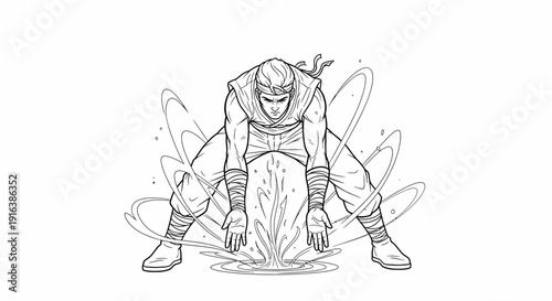 Ninja Warrior Performing Elemental Water Magic, Dynamic Action Pose, Black and White Line Art