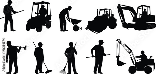 Professional construction workers and heavy machinery silhouettes set, excavator crane bulldozer 