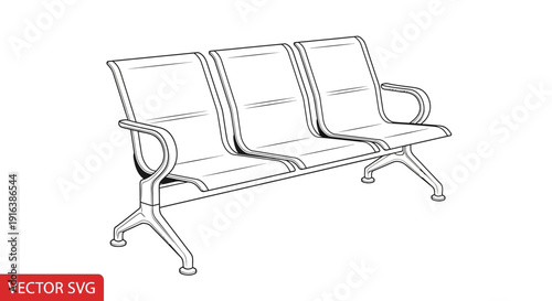 Modern Waiting Room Bench with Three Seats, Minimalist Design, Vector Illustration
