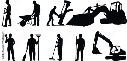 Professional construction workers and heavy machinery silhouettes set, industrial building site development with excavator bulldozer and manual laborers icons for civil engineering design,