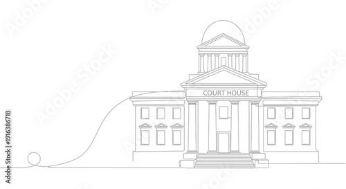 Minimalist Line Art of a Grand Courthouse Building with a Looping Line