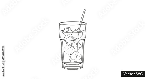 Minimalist Line Art of a Refreshing Drink with Ice Cubes and Straw