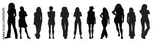 Set of elegant female fashion model silhouettes in various poses, beautiful women  posing in dresses. Collection of female silhouettes in dresses and skirts, vector illustration.