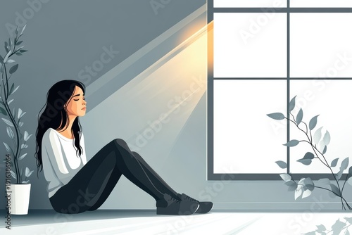Beautiful sad woman sitting on the floor near a window with sunlight shining in