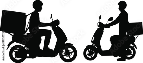 Professional delivery man silhouettes set on scooter, courier riding and standing with delivery box icons for logistics, food service, and shipping design,