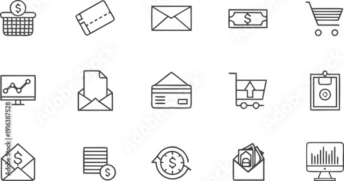 Black vector web icons set featuring business and shopping symbols including mail signs and communication elements for internet design