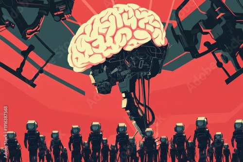 Cybernetic brain directs robot army in minimal design with bold colors