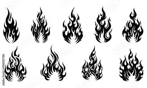 Collection of 8 unique black flame designs on a white background