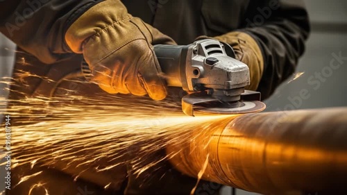 Industrial Metalworking Close-Up with Sparks Flying from Angle Grinder Cutting Pipe in Workshop Environment