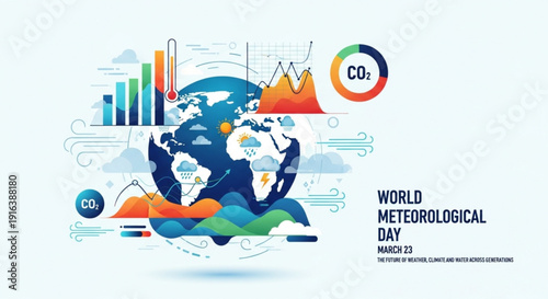 World meteorological day poster with global climate change data visualization co2 emissions graph and earth illustration on white background