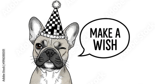 French bulldog with birthday hat and wish bubble