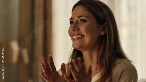 A woman looks upward in prayerful reflection and then smiles with joy, expressing faith and hope.Her gentle expression conveys gratitude, comfort, and spiritual strength.
