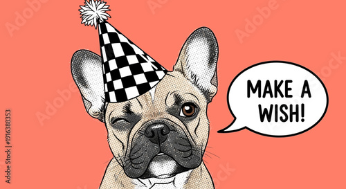 french bulldog birthday wish, party hat, cartoon illustration