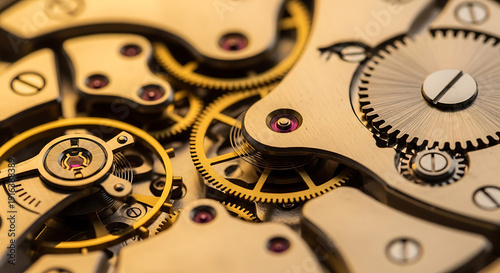 Intricate mechanical watch movement with gold gears and ruby bearings showcasing complex horology craftsmanship and precision engineering in macro detail