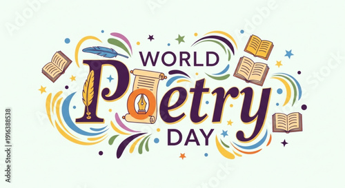 World poetry day banner with colorful swirls books and quill pen illustration for literary celebration and creative writing inspiration