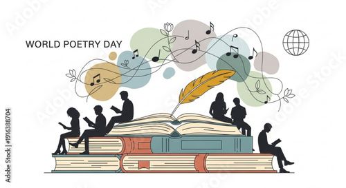 World poetry day celebration with people reading and writing on stacked books with music notes and a feather quill